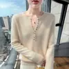 Camada base de cashmere com gola redonda e base de colarinho semiaberta, novo suéter de malha simples, cor sólida, caimento solto, feminino, para outono/inverno