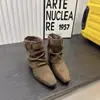 Botines cuadrados de estilo coreano para mujer, botines de tacón de cuña que aumentan la altura para otoño, botines plisados apilados, botines estilo cowboy western, botines de moda