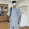 Camiseta con Remache Estructura de Algodón Amoníaco Líquido Transfronterizo 2025 Verano Nuevo de Moda Manga Corta Pantalones Cortos Conjunto Suelto Versátil para Hombre