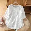 Camisa Branca de Manga Bufante com Bolinhas para Mulheres 2026 Novo Estilo Solta Redutora de Idade Manga Curta Pulôver Gola Redonda Babydoll Top Verão