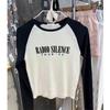 Estilo BM Nueva Camiseta de Manga Larga para Mujer con Cuello Redondo Estampado de Letras RADIO Rags Top Base Ajustado para Mujer