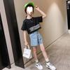 2024 Novo Conjunto Jeans Tendência para Meninas Shorts Jeans Influenciador da Internet Estilo Coreano Moda Infantil Estilo Ocidental Conjunto de Duas Peças Sem Costas para Meninas