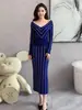 Vestido de Punto Rayado de Manga Larga, Suéter de Otoño e Invierno, Falda Base para Vestir, Falda Ajustada al Cuerpo, Ceñidor de Cintura, Adelgazante, Elegante Falda de Longitud Media