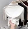 Camiseta Básica Sencilla de Cuello Medio Alto y Mangas Medias para Mujer Primavera Verano Otoño Elástica Ajustada Manga de Cinco Puntos Ropa Interior Top