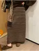 Falda Larga Recta de Punto con Rayas Retro para Mujer 2025 Otoño e Invierno Nuevo Estilo Cintura Alta Efecto Adelgazante Elegante Cintura Elástica