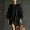 Vestido corto de estilo étnico multicolor, versátil, ajustado, con borlas y mangas de farol, superventas transfronterizo europeo y americano, para mujer, para el trabajo, vacaciones.
