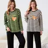 Temporada de calças compridas confortável pele comércio exterior gola redonda pijama feminino outono algodão pode ser usado fora blusa de frio estilo roupas de casa primavera outono manga longa casual