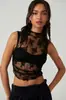 Top sin mangas de malla de encaje con cuello semi-alto cruzado transfronterizo europeo y americano más vendido para mujer, estilo corto transparente, moda de chica hot, chaleco de exportación