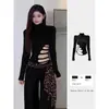 Camiseta de Manga Larga Hueca Estilo Americano Picante Chica Deseo Puro para Mujer, Diseño Vintage Otoño e Invierno, Top Básico Ajustado de Nicho