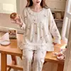Pijama de dibujos animados estilo japonés para mujer, primavera y otoño, conjunto fino de ropa de casa de manga larga y pantalón largo de algodón nube holgado, se puede usar para salir