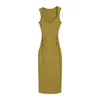 Vestido sexy sin mangas con escote en V para mujer, nuevo estilo de verano, ajustado, plisado, ceñido a la cintura, vestido bodycon de longitud media