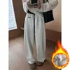 Pantalones Casuales Anchos Bordados Estilo Americano para Mujer, Otoño e Invierno, Forro Polar, Engrosados, Cintura Alta, Holgados, Adelgazantes, Caída Suelta