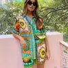 M2025 Europeu e Americano Novo Aliexpress Solto Casual Moda Versátil Estampado Flor Margarida Shorts Camisa Conjuntos de Duas Peças