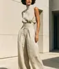 Conjunto de pantalón ancho sin mangas de cuello alto de algodón y lino para mujer, nuevo, transfronterizo europeo y americano, elegante y casual, ropa de trabajo