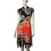 Elegante e Estiloso Transfronteiriço Europeu e Americano Novo Estilo Modernizado Comprimento Curto Bloco de Cores Estampa Floral Vestido Qipao com Gola Alta