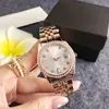 Bisel completamente de diamantes, correa de reloj para mujer en tono dorado, calendario, reloj de pulsera de cuarzo para mujer, reloj minimalista para mujer