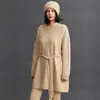 Nuevo Suéter de Punto para Mujer 2025 Otoño e Invierno Cuello Redondo de Cachemira Longitud Media Cinturón de Cordón Plano Prendas Base