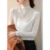 Tecido de fio fiado no núcleo Toque de alta qualidade Gola semi-alta Modelagem justa Manga longa Malha Roupa íntima Camada base Confortável Macio e liso Top