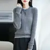 Cárdigan de punto trenzado gris para mujer, diseño acanalado retro de principios de otoño, efecto dos piezas, top de lana fina, estilo elegante