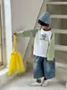 Camiseta Patchwork de Manga Longa Cruzada Cici Kidsren para Meninos e Meninas Casual Solta Estampa de Desenho Animado