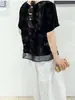 Elegante Camisa de Malla Estampada de Terciopelo para Mujer, Estilo Nuevo Verano 2026, Cuello Redondo, Botón Trasero, Manga Corta
