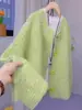 Cardigan de Tricô Grosso com Gola Redonda Huhu Macio Estilo Coreano Moda Feminina Outono Inverno Elegante Chique Casaco Suéter