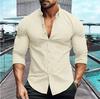 Camisa de Manga Larga de Color Sólido para Hombre Nueva de Primavera y Otoño Transfronteriza Europea y Americana Waffles Casual Solapa Camisa Top Ropa de Hombre