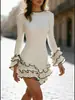 Vestido Sexy Ajustado Transfronterizo Europeo y Americano con Falda Corta Fruncida, Vestido de Punto con Borde Enrollado, Manga Larga de Color Sólido
