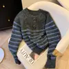 Suéter de tricô com fechamento de botão e design moderno, feminino, outono e inverno, novo estilo coreano, solto, preguiçoso, retrô, listrado