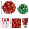 Platos de papel desechables, vasos, pancartas, manteles, decoraciones colgantes con tema navideño de copo de nieve rojo y verde, Feliz Navidad