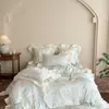 Conjunto de Colcha Jacquard Romântico Francês Tencel de Quatro Peças Estilo Princesa Fronha Fresca Sedosa Lisa Acabamento em Renda Roupa de Cama de Verão