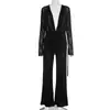 J25St273 Traje de Pantalón Acampanado Transparente con Cuello Superpuesto en V Profunda y Puños de Oreja para Mujer Europeo y Americano Transfronterizo Otoño e Invierno