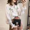 Nova Camisa Bordada Floral Estilo Coreano Outono 2026 para Mulheres, Blusa de Manga Longa, Corte Solto, Mangas Bufantes Emagrecedoras, Camada Base