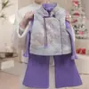 Conjunto de Suéter Colete Acolchoado Estilo Chinês para Meninas Calça Flare Conjunto Outono Inverno Colete de Botão Estilo Chinês Conjunto Acolchoado de Três Peças