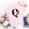 Camiseta rosa niña letra flor linda estilo ins dulce top manga corta creativa verano 2022 transfronterizo