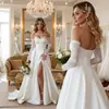 Vestido de noiva europeu e americano transfronteiriço sem alças de renda com mangas compridas e fenda longa, Bestseller da Wish, vestido principal de noiva com renda nas costas e amarração