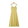 Vestido Largo de Punto Acanalado Runchi Talla Grande con Cuello en U y Cintura Ajustada 9167A con Dobladillo Amplio para Cubrir el Área Lateral del Pecho