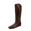 Botas de Caballero de Invierno para Mujer, Estilo Nuevo, Caña Alta, Piel Genuina, Punta Cuadrada, Tacón Medio, Pierna Ancha, No por Encima de la Rodilla, con Aumento Oculto de Altura