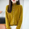 Cárdigan de punto de moda para mujer con bloques de color, cuello alto, múltiples botones, cuello semi-alto, corte holgado y mangas largas, perfecto para otoño e invierno.