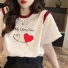 Playera de Manga Corta Dulce de Leche Color Contraste para Mujer Verano Suelta Casual Moda Algodón Puro Hombro Estampado Top de Media Manga INS