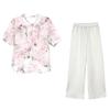 Verão 2025 Nova Chegada Estampa Truckle Elegante Blusa Fina de Chiffon de Manga Curta Calças Casuais plus size Conjunto de Duas Peças