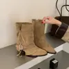 Botines estilo western con flecos de vaquero, botas de montar de punta fina, botas de media caña de moda con tacón grueso, antideslizantes, decoradas con cremallera