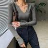 Foto Real# Camiseta Básica Decote V Feminina Manga Longa Interna 2024 Primavera e Outono Nova Almofada de Ombro Clavícula Top Slim-fit Slim Camiseta