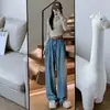 Jeans cinza cimento de perna larga feminino 2023 popular design plissado caimento emagrecedor reto solto calça boca de sino