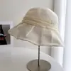 Chapéu de Pescador Plissado em Papel Japonês Estilo Fada para Mulheres, Chapéu de Sol de Palha para Verão, Chapéu Bucket Artístico com Tira de Tencel Plissada