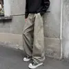 Calças casuais estilo japonês de perna reta para trabalho, streetwear moderno com design patchwork lavado estilo americano, cor sólida e corte de perna curva