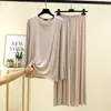 Conjunto de loungewear para mujer de modal con cuello redondo y manga larga, casual, talla grande, pijama ligero que se puede usar como ropa exterior, conjunto de dos piezas de corte holgado