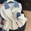 Cárdigan de punto con cuello, manga larga, patchwork de mezclilla y doble cremallera para mujer, nuevo estilo otoño e invierno, suéter casual versátil de dos piezas simuladas
