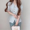 Camisa de Verão Elegante Estilo Maduro Leve Design de Nicho Gola V Manga Bufante Irregular Cintura Apertada Slim Fit Top para Mulheres