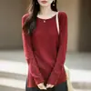 Suéter de punto para mujer con cuello redondo, rayas verticales, estilo principios de otoño, con aberturas laterales en el dobladillo, mangas largas, corte holgado, longitud media y diseño de jersey.
